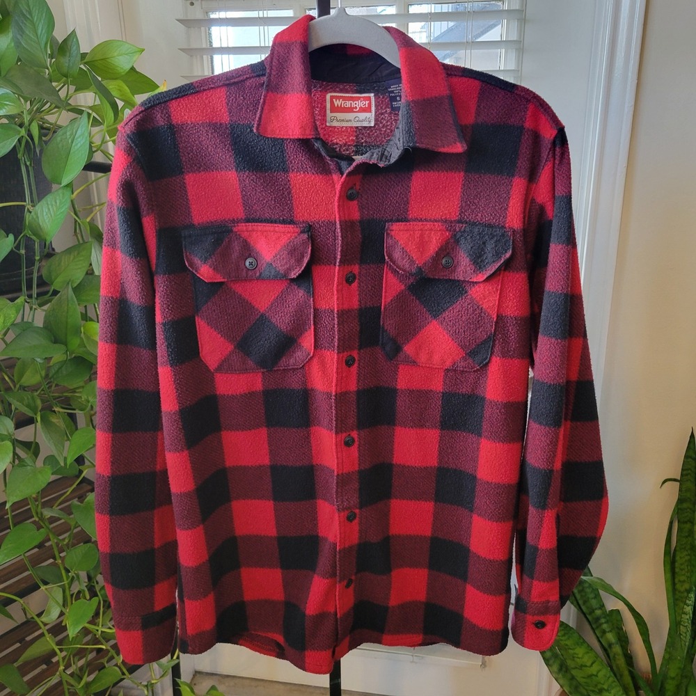 Wrangler Mens Red Black Buffalo Plaid Fleece Shirt Jacket Small